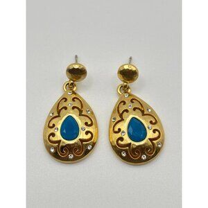 Brighton Versailles Jupiter Gold & Blue Teardrop Earrings With Intricate Scrollw